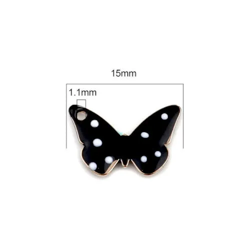 Charms, Butterfly, Black, White, Enameled, Gold Plated, Brass, 15mm