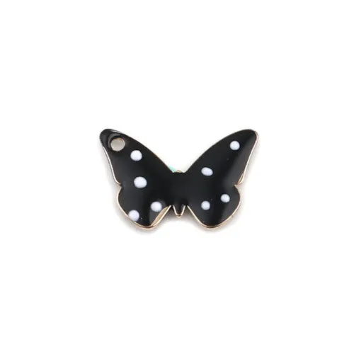 Charms, Butterfly, Black, White, Enameled, Gold Plated, Brass, 15mm