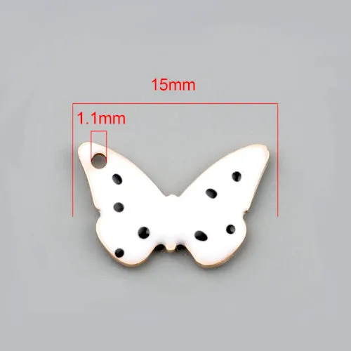 Charms, Butterfly, White, Black, Enameled, Gold Plated, Brass, 15mm