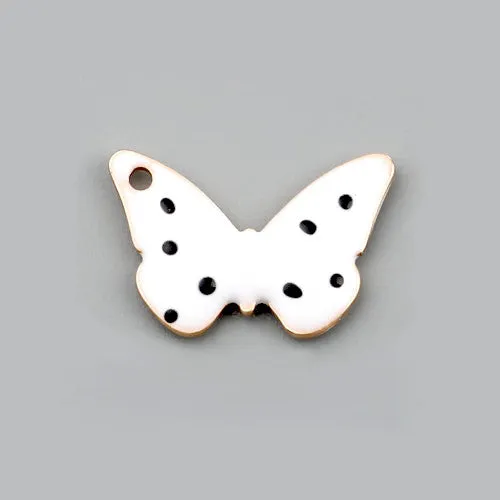 Charms, Butterfly, White, Black, Enameled, Gold Plated, Brass, 15mm