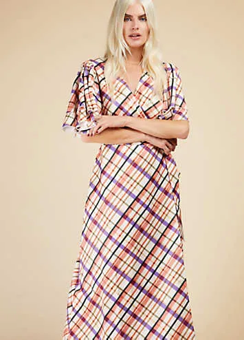 Check Layered Sleeve Midi Wrap Dress by Little Mistress | Look Again