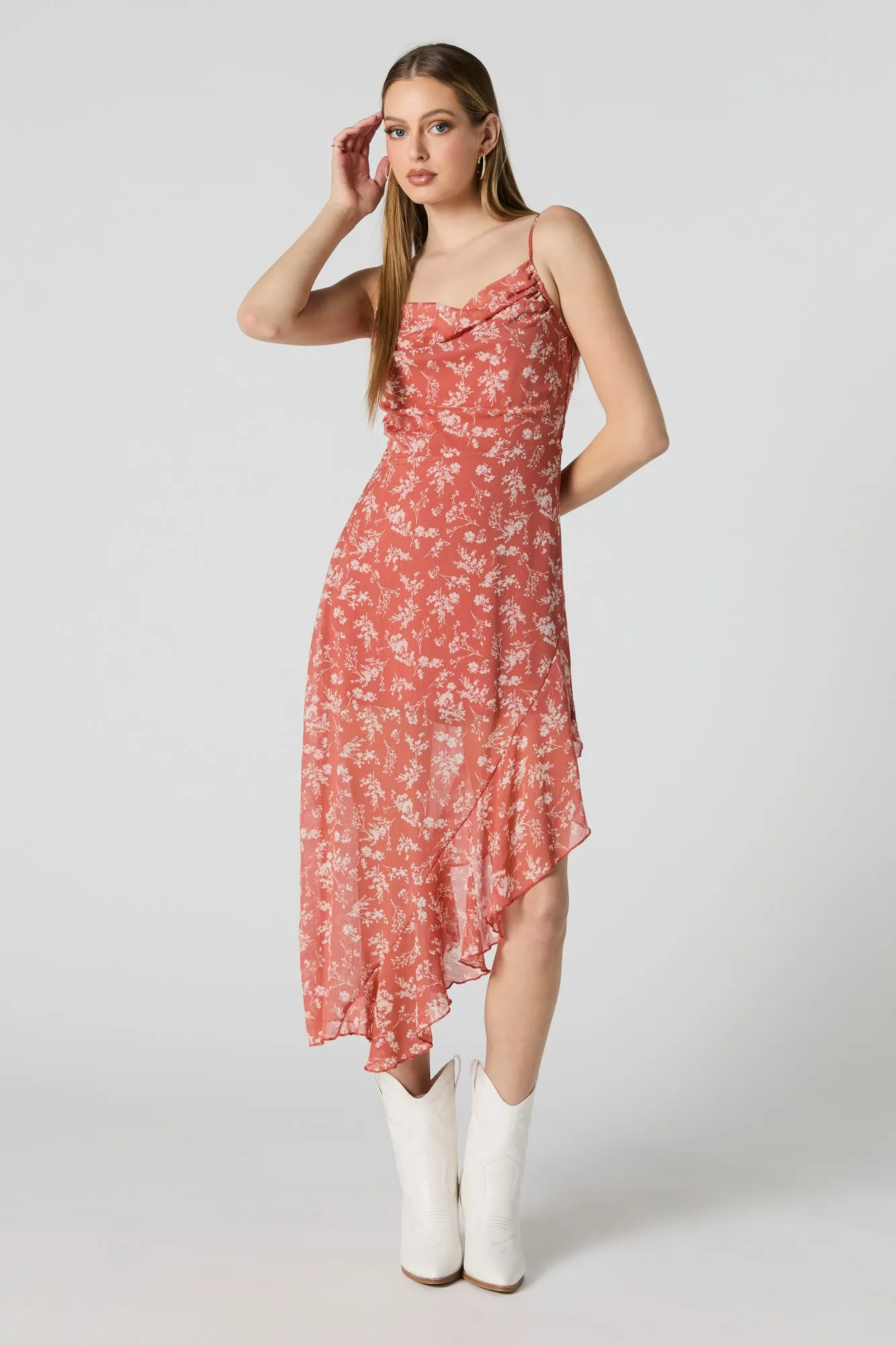 Chiffon Floral Cowl Neck Asymmetrical Midi Dress