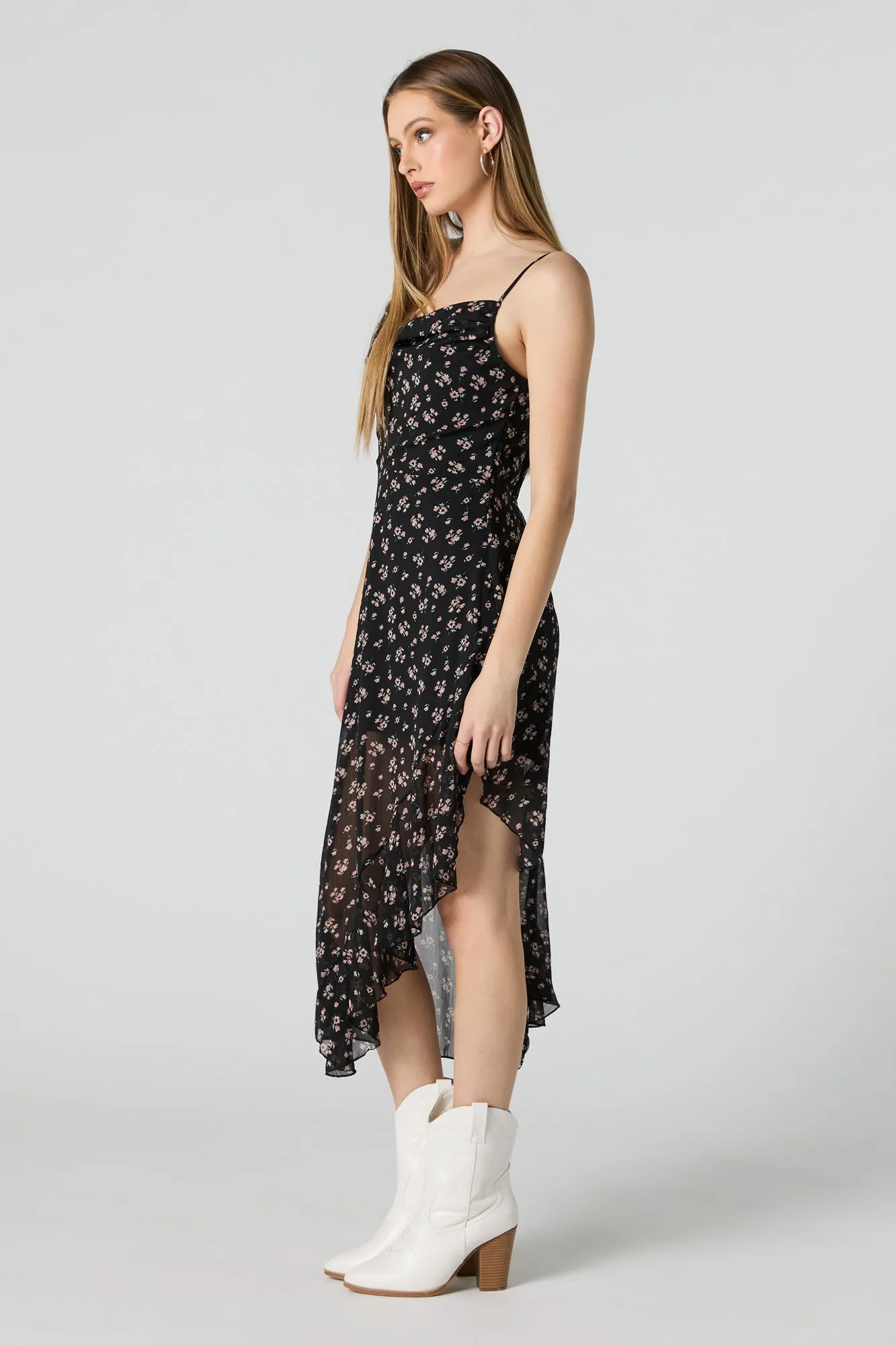 Chiffon Floral Cowl Neck Asymmetrical Midi Dress