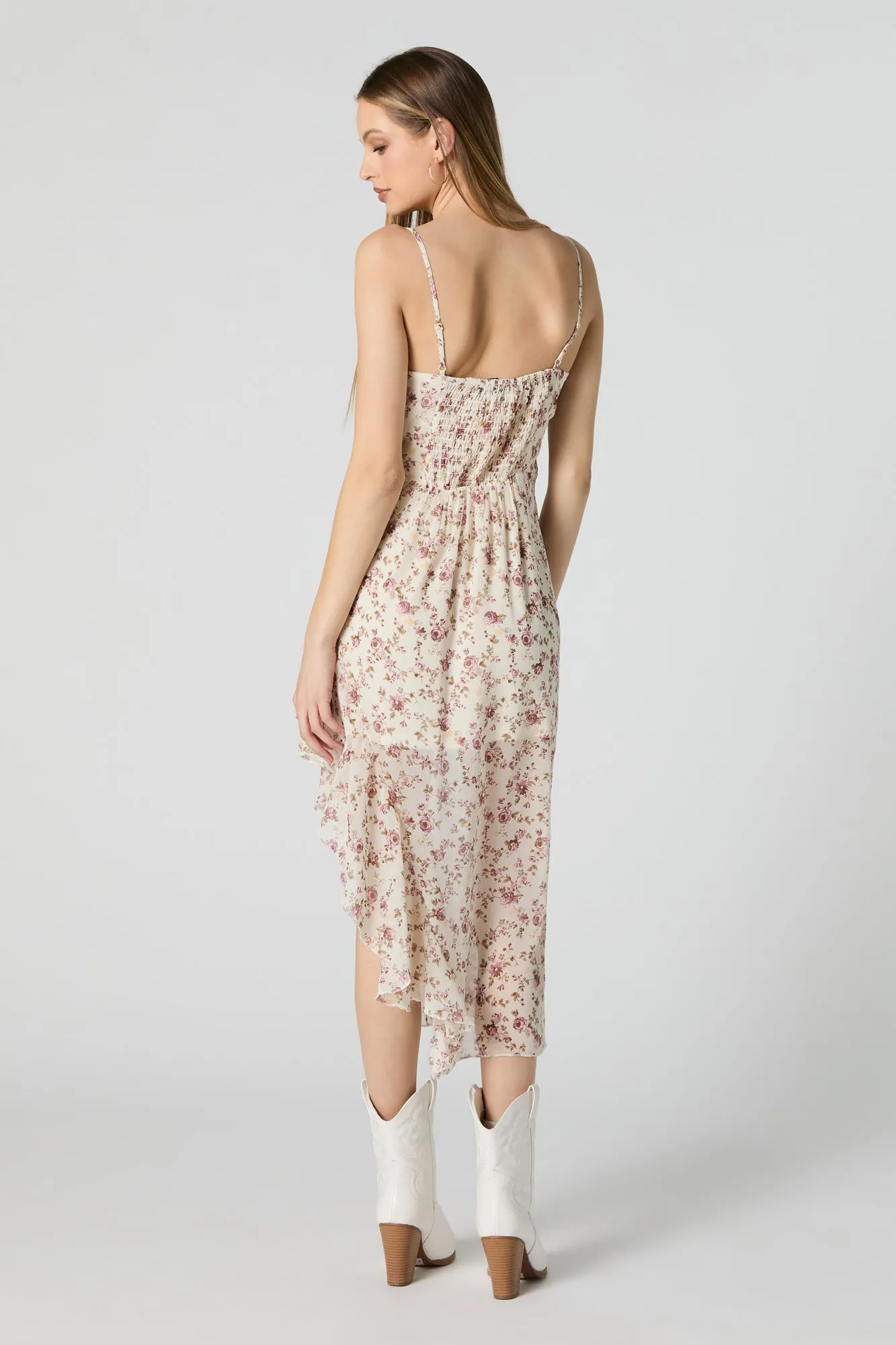 Chiffon Floral Cowl Neck Asymmetrical Midi Dress