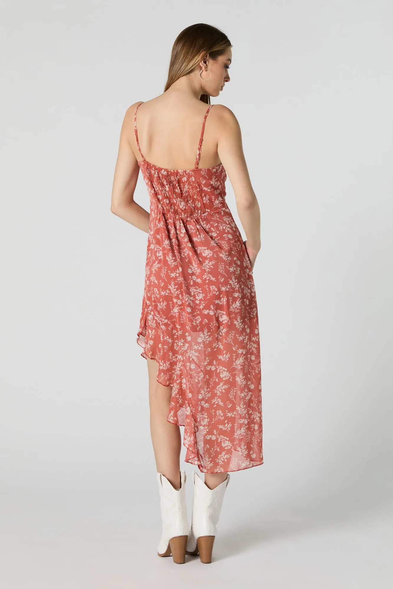 Chiffon Floral Cowl Neck Asymmetrical Midi Dress