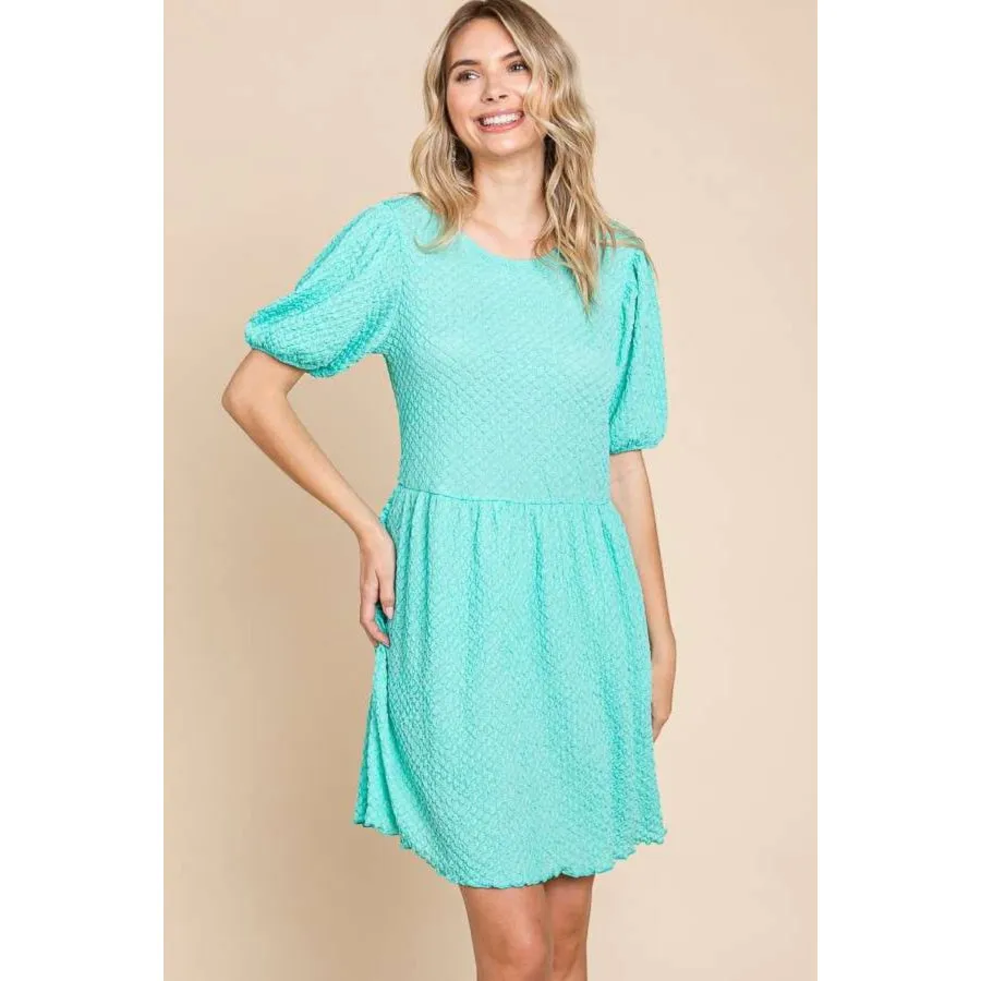 Culture Code Full Size Textured Round Neck Puff Sleeve Dress