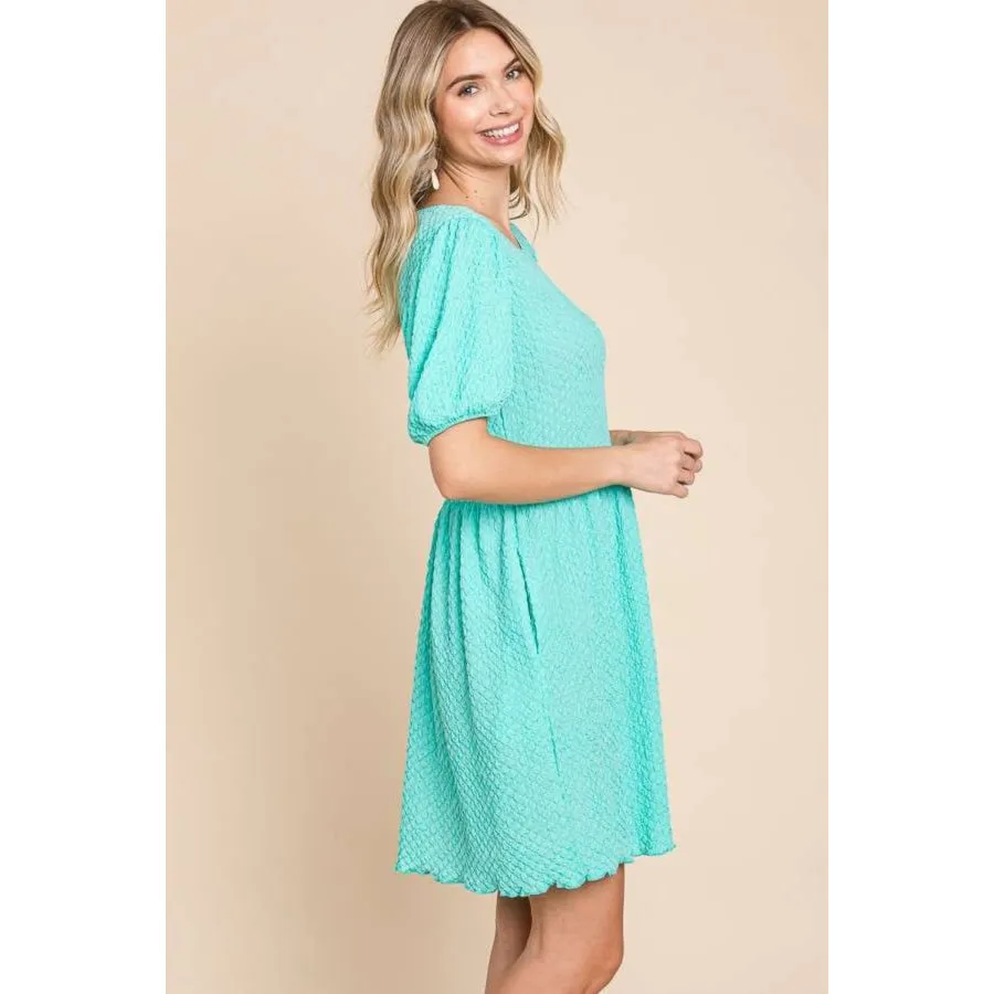 Culture Code Full Size Textured Round Neck Puff Sleeve Dress