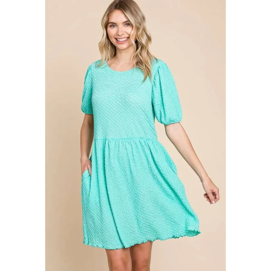 Culture Code Full Size Textured Round Neck Puff Sleeve Dress