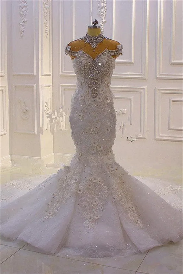 Delicate Sleeveless Beading Sheer Tulle Appliques Mermaid Sparkling Wedding Dresses