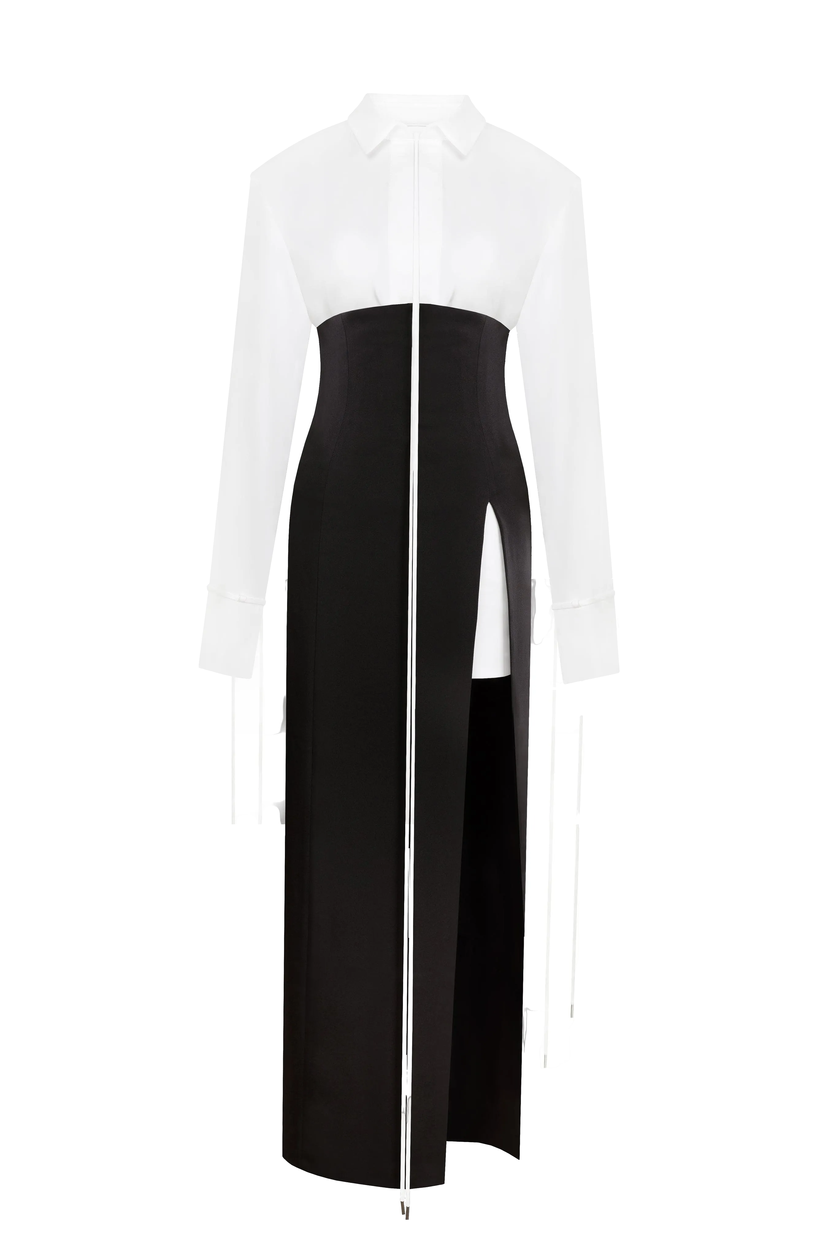 Elegant 3-piece set with white silk blouse, white mini skirt, and black crepe maxi skirt, Xo Xo