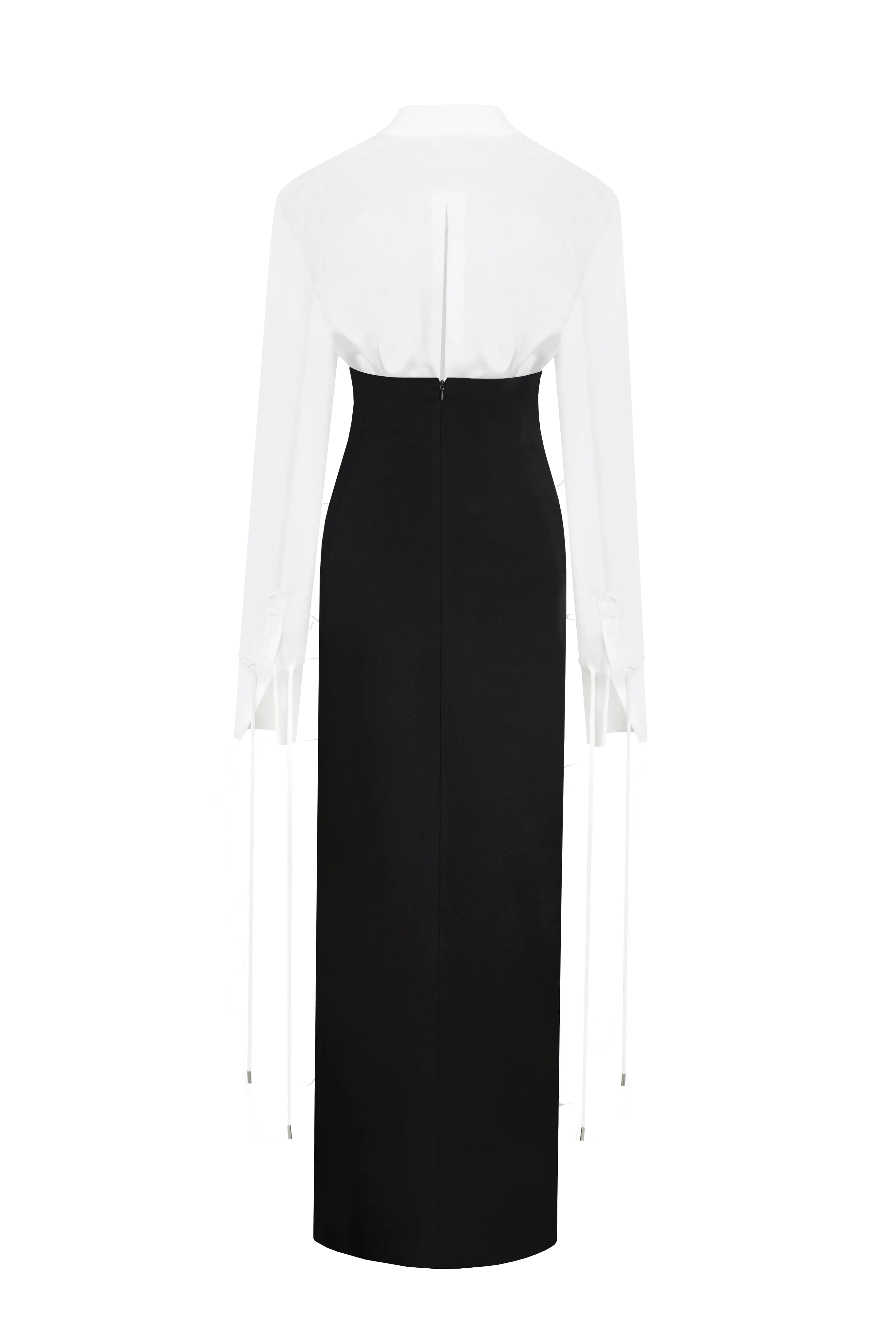 Elegant 3-piece set with white silk blouse, white mini skirt, and black crepe maxi skirt, Xo Xo