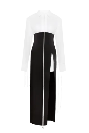 Elegant 3-piece set with white silk blouse, white mini skirt, and black crepe maxi skirt, Xo Xo