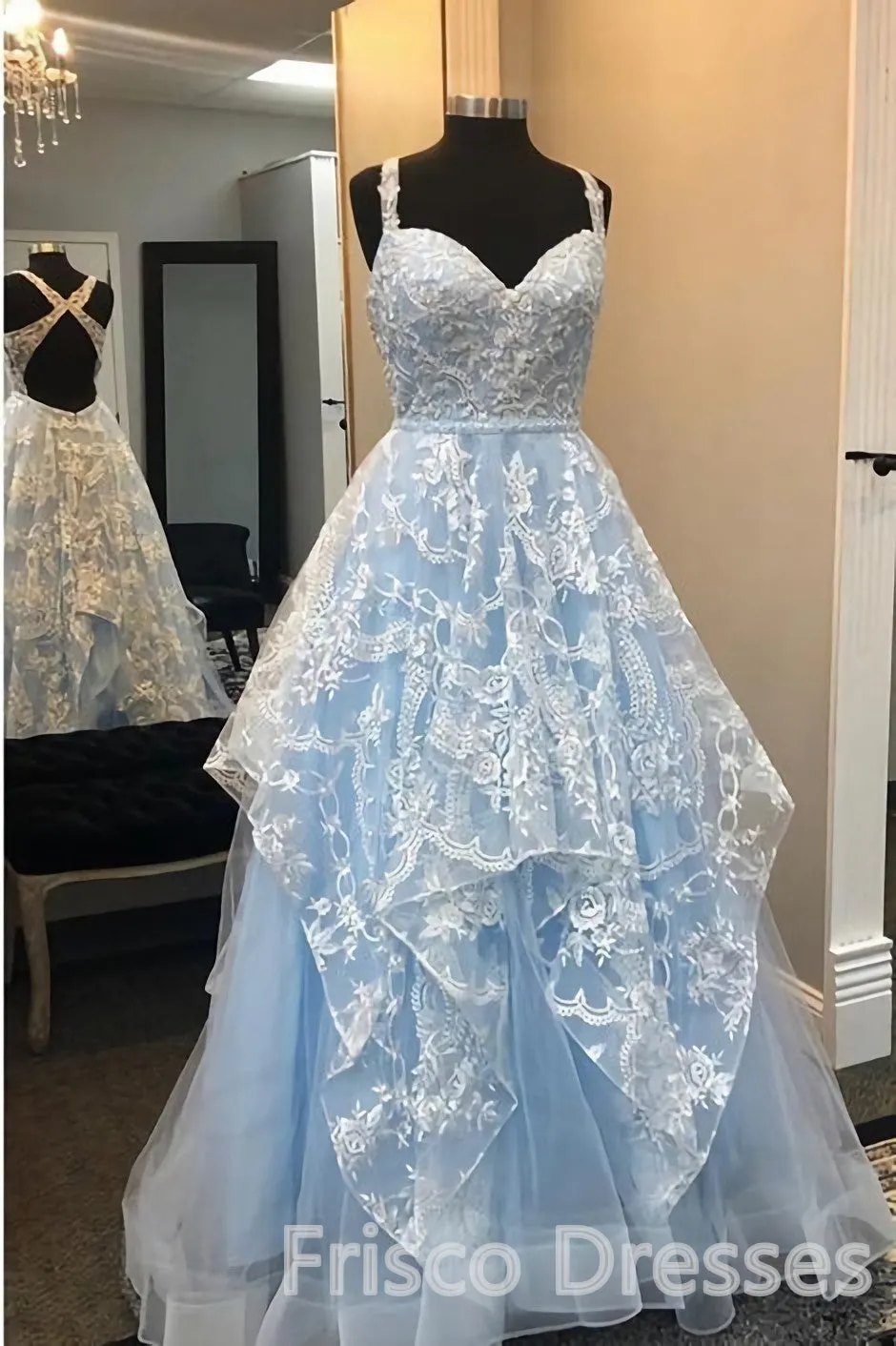 Elegant Light Blue A-Line Sweetheart Open Back Appliques Long Prom Dresses