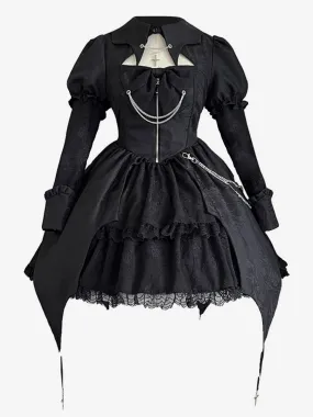 Gothic Lolita Dresses Lace Up Black Gothic Loli High Waist long Sleeve OP Puffy Dress