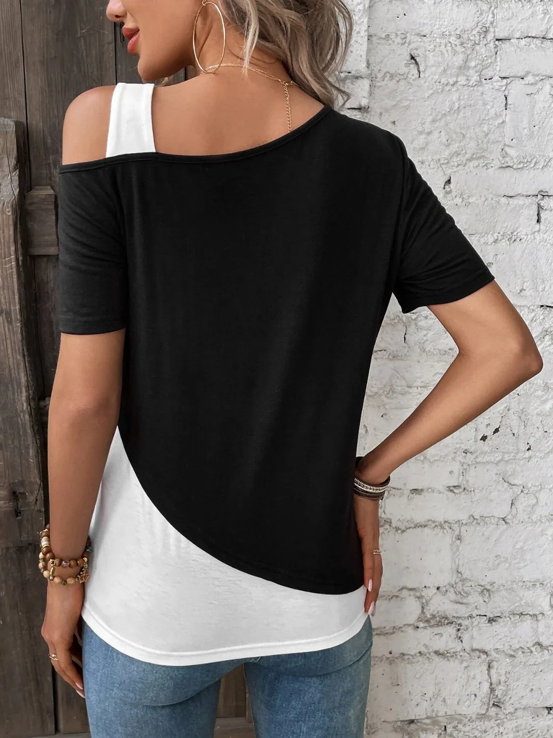 Gracie Contrast Asymmetrical Neck  T-Shirt - Restock