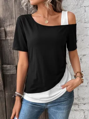 Gracie Contrast Asymmetrical Neck  T-Shirt - Restock