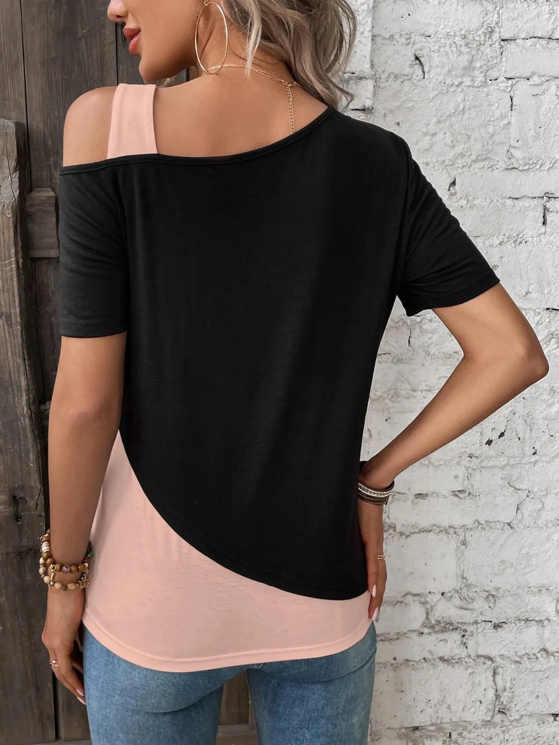 Gracie Contrast Asymmetrical Neck  T-Shirt - Restock