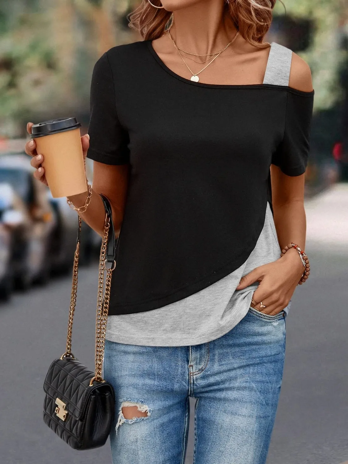 Gracie Contrast Asymmetrical Neck  T-Shirt - Restock