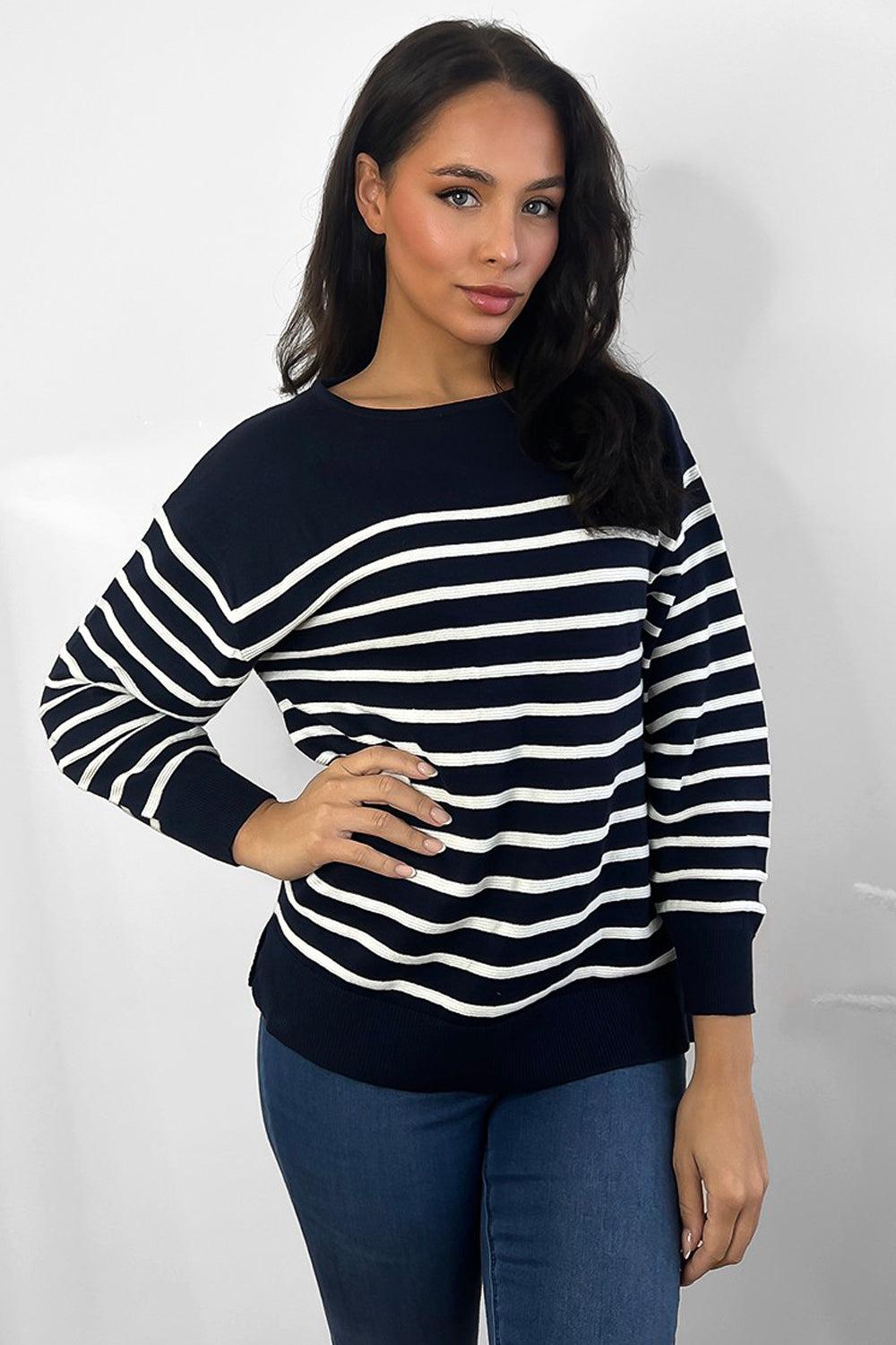 Half Striped Scoop Neck Pullover