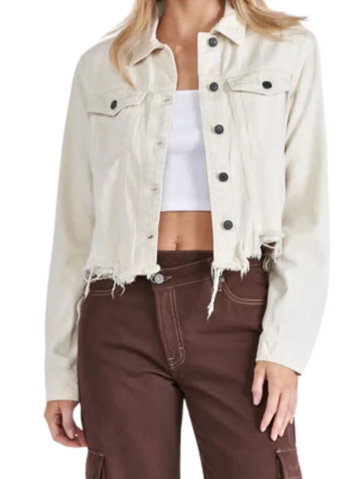 Hidden Jeans Crop Fitted Fray Jacket in Cream