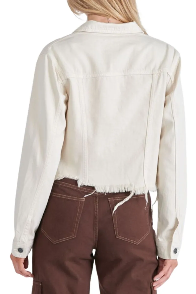 Hidden Jeans Crop Fitted Fray Jacket in Cream