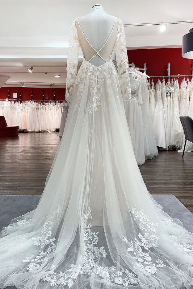 Ivory A-line Tulle Long Sleeves Lace Appliques Open Back Wedding Dresses