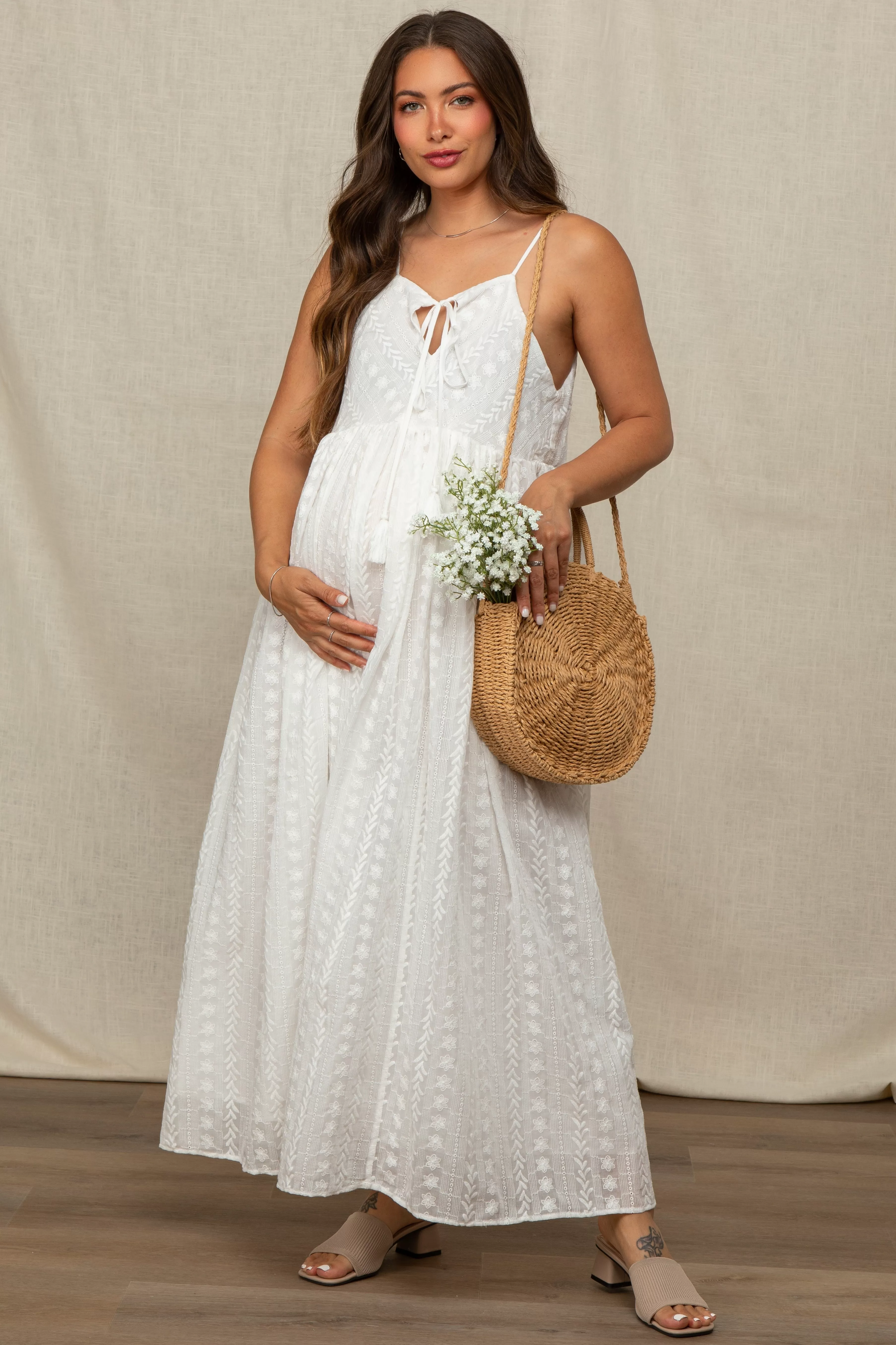 Ivory Textured Keyhole Neckline Maternity Maxi Dress