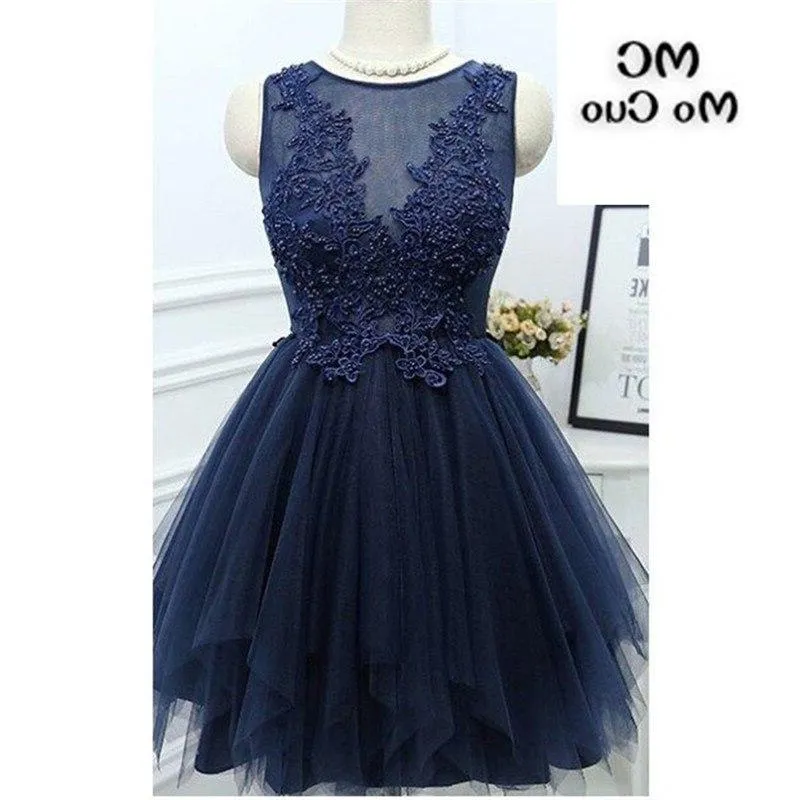 Jewel Sleeveless Appliques Beading A Line Tulle Sheer Pleated Dark Navy Homecoming Dresses