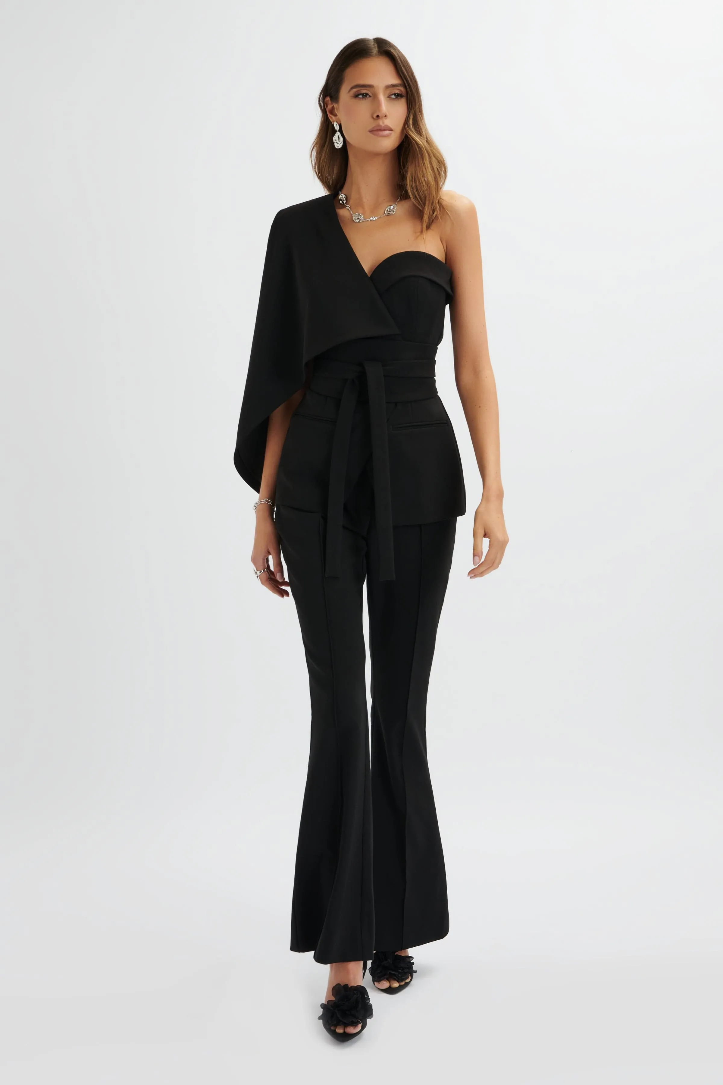 JUNO Obi Belted Asymmetric Cape Blazer In Black