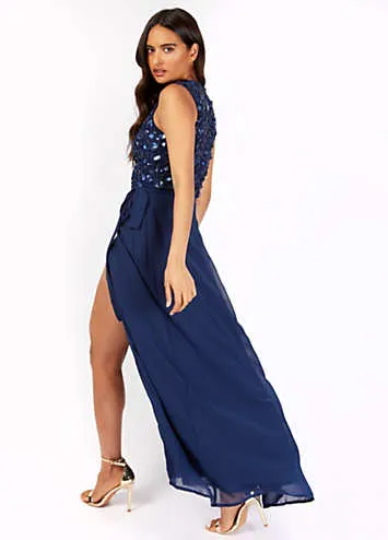 Kerri Navy Embellished Tie Waist Maxi Dress by Little Mistress | Look Again