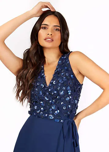 Kerri Navy Embellished Tie Waist Maxi Dress by Little Mistress | Look Again