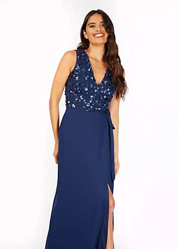 Kerri Navy Embellished Tie Waist Maxi Dress by Little Mistress | Look Again