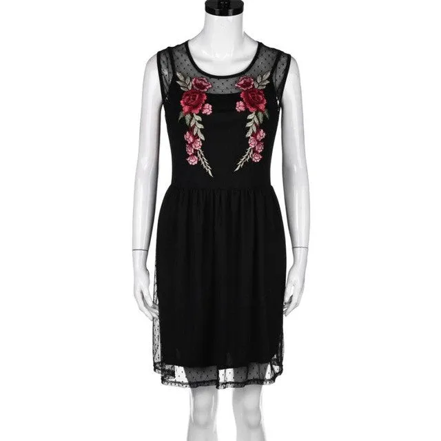 Lace Dress Appliques Sleeveless Summer Dress Mesh Transparent Women Black Dress Party Wear Vestidos Largos De Verano#121 SM6