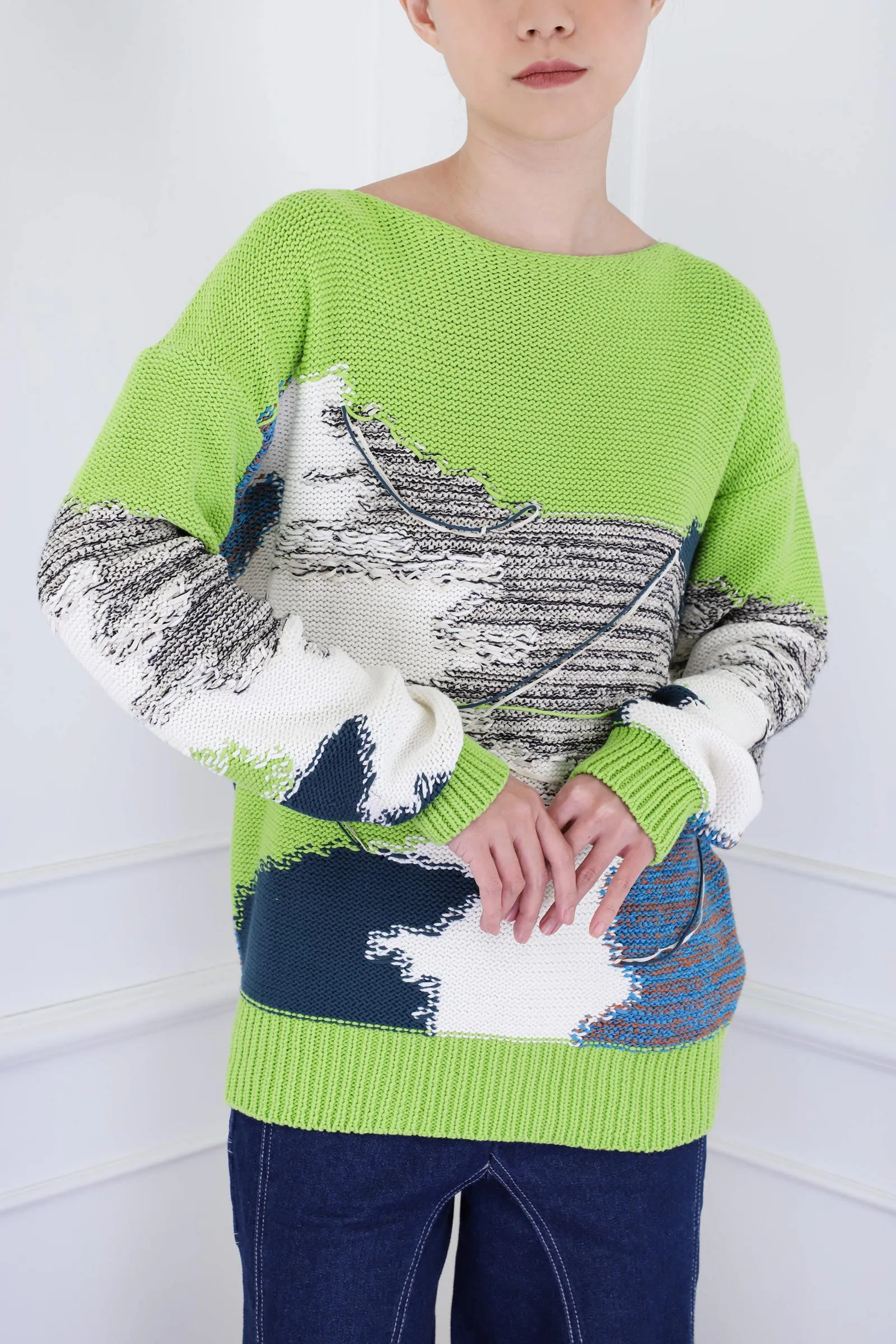 Light Green Knitted Unisex Franc Intarsia Sweater