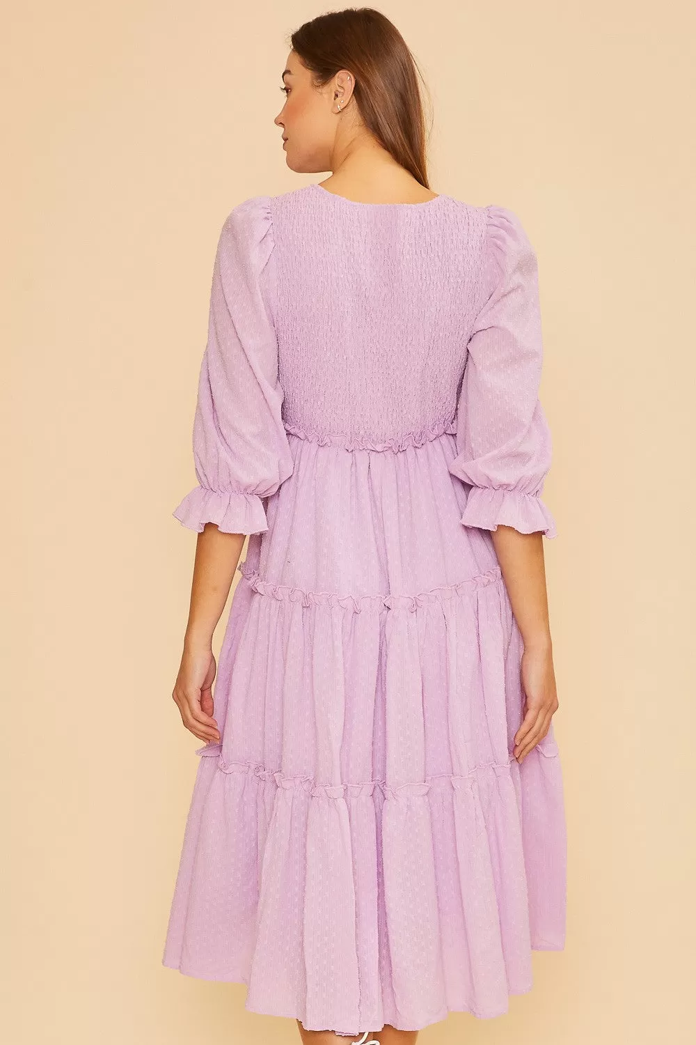 Lilac Textured Smocking Bodice Tired Midi Dress