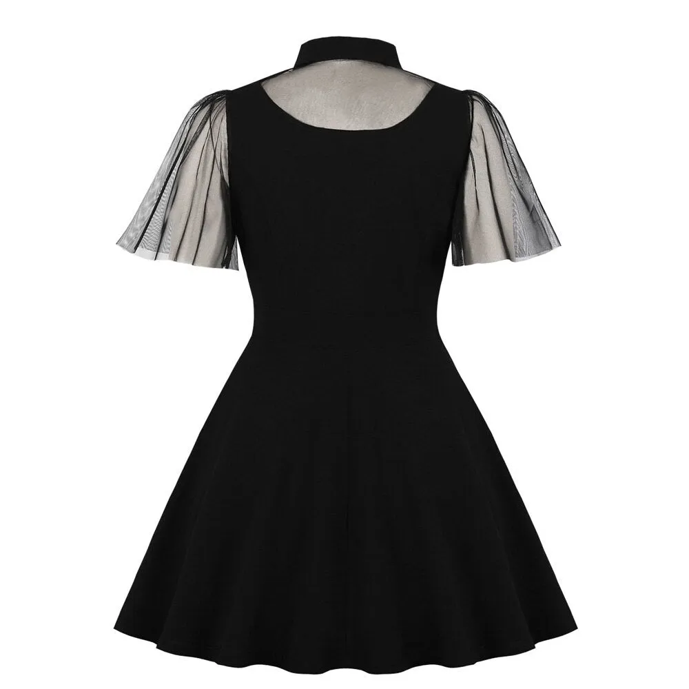 Little Black Clubwear Short Sleeve Mesh Patchwork Robe Pin Up Swing Party Dress Club Wear