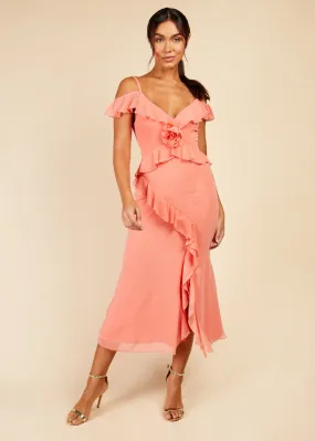 Little Mistress Coral Chiffon Rosette Trim Dress