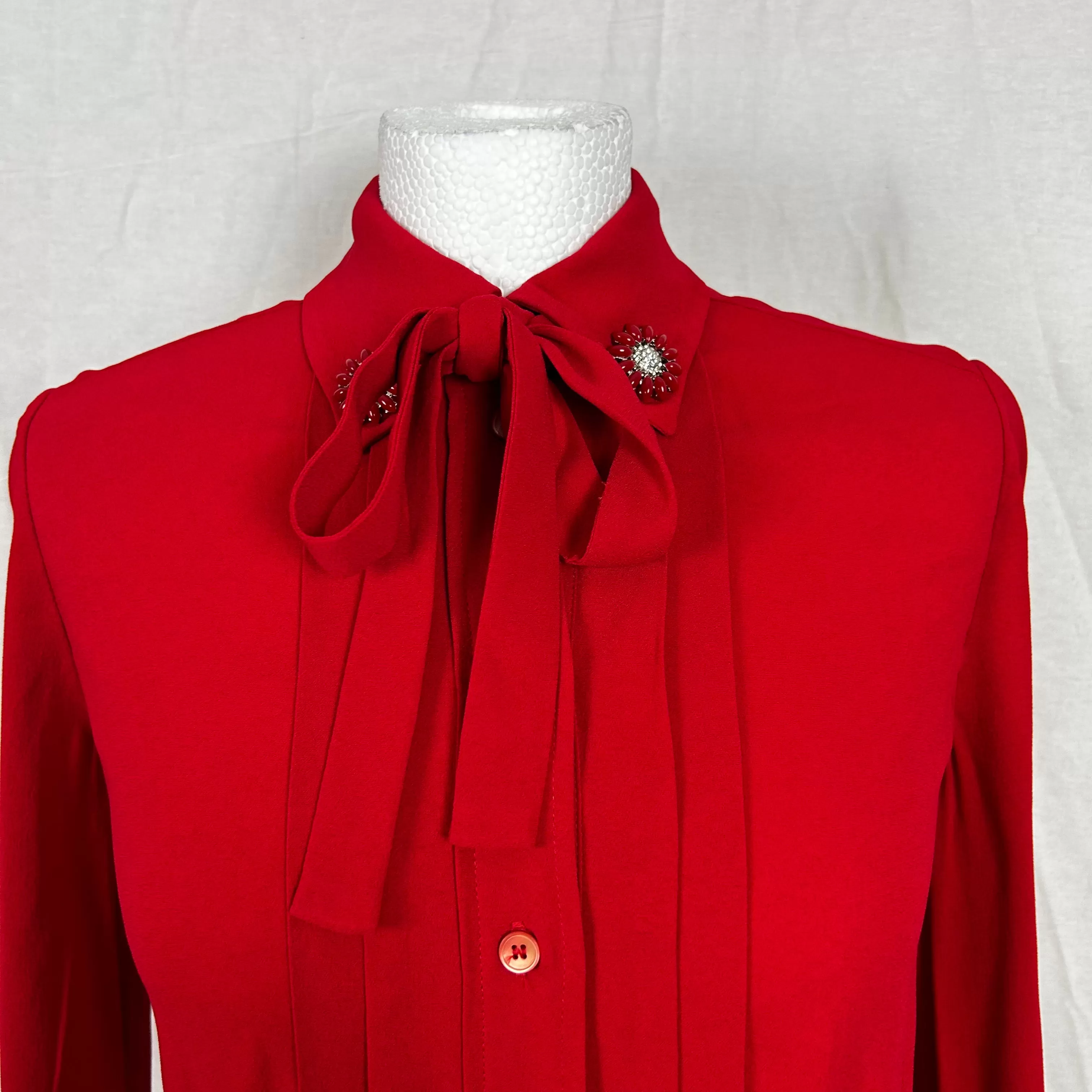 Miu Miu Scarlet Crepe Midi Shirtdress with Jewel Collar XS