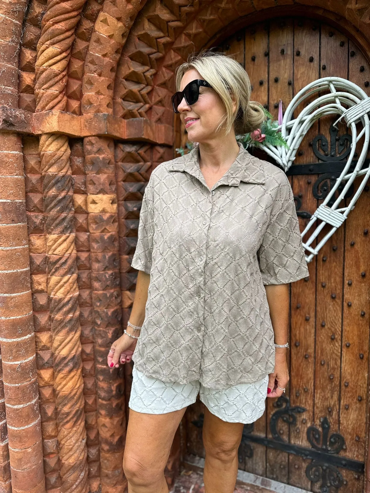 Mocha Diamond Short Sleeve Blouse Thalia