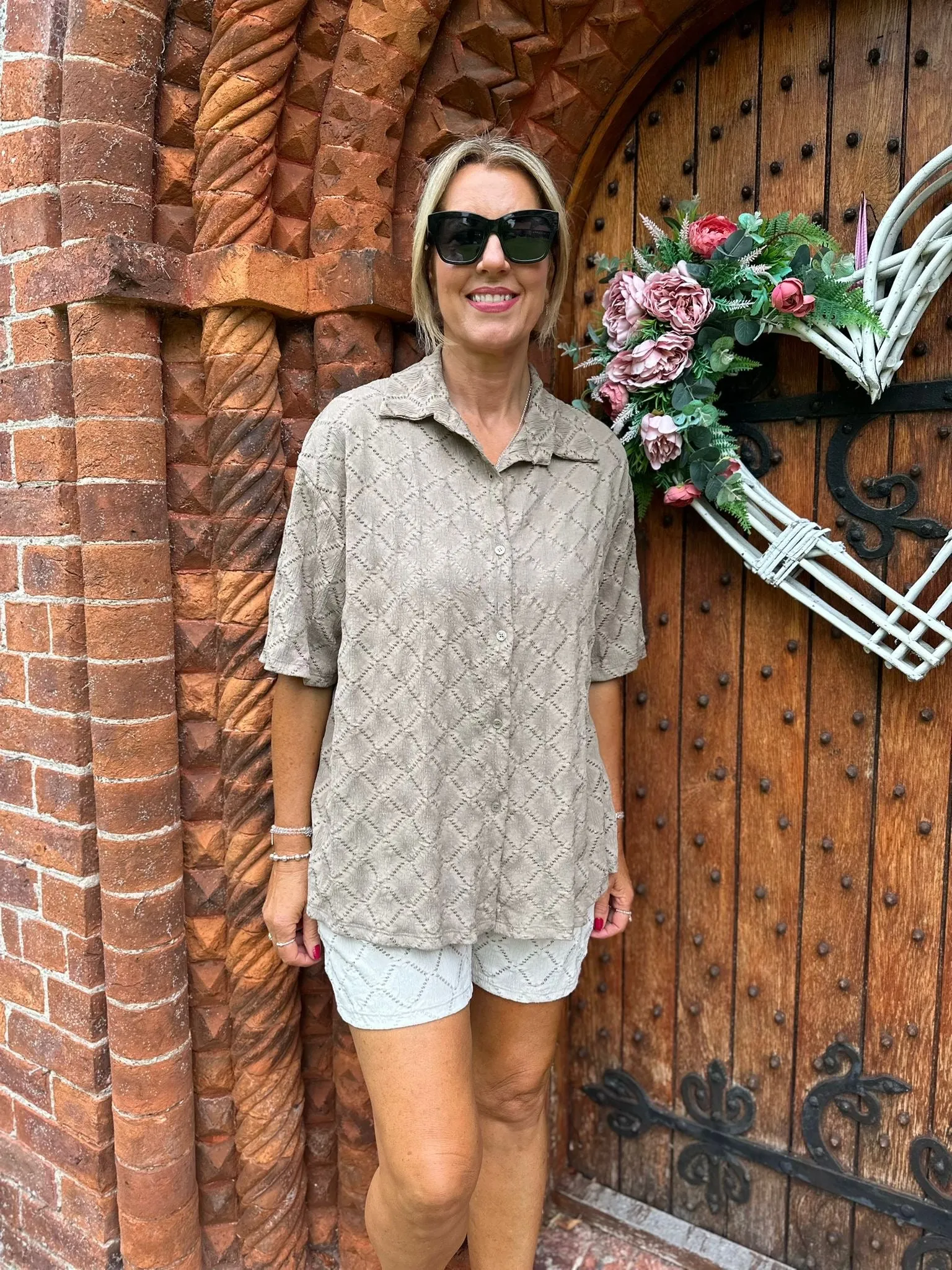 Mocha Diamond Short Sleeve Blouse Thalia