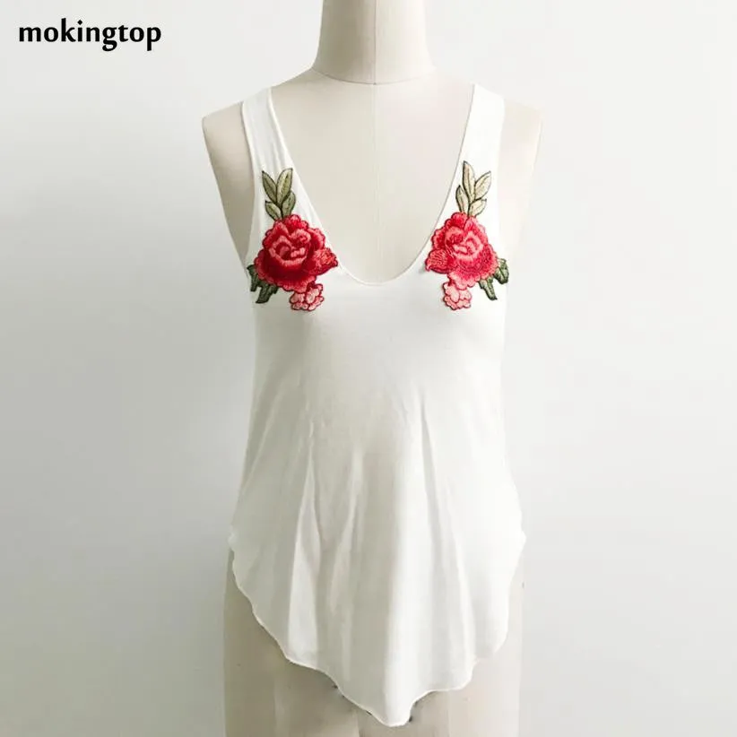 mokingtop Sleeveless Tank Top Sexy V-neck Vest 2017 Hot Appliques Embroidered Rose Sexy Lingerie Tubes Chalecos Mujer#99 SM6