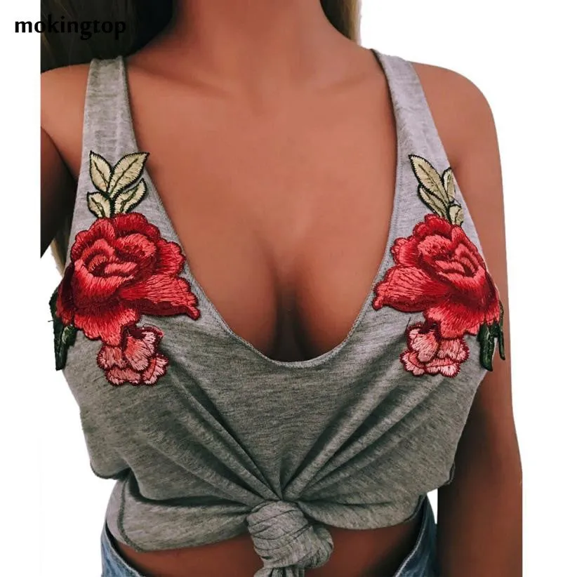 mokingtop Sleeveless Tank Top Sexy V-neck Vest 2017 Hot Appliques Embroidered Rose Sexy Lingerie Tubes Chalecos Mujer#99 SM6