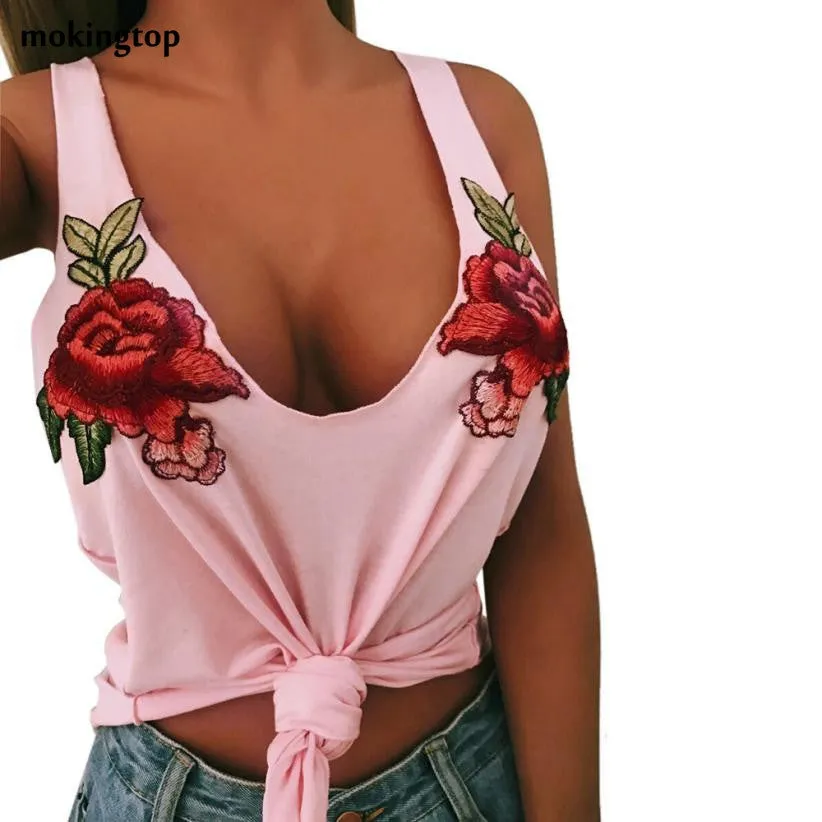 mokingtop Sleeveless Tank Top Sexy V-neck Vest 2017 Hot Appliques Embroidered Rose Sexy Lingerie Tubes Chalecos Mujer#99 SM6