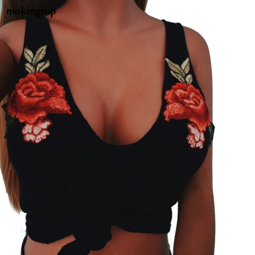 mokingtop Sleeveless Tank Top Sexy V-neck Vest 2017 Hot Appliques Embroidered Rose Sexy Lingerie Tubes Chalecos Mujer#99 SM6