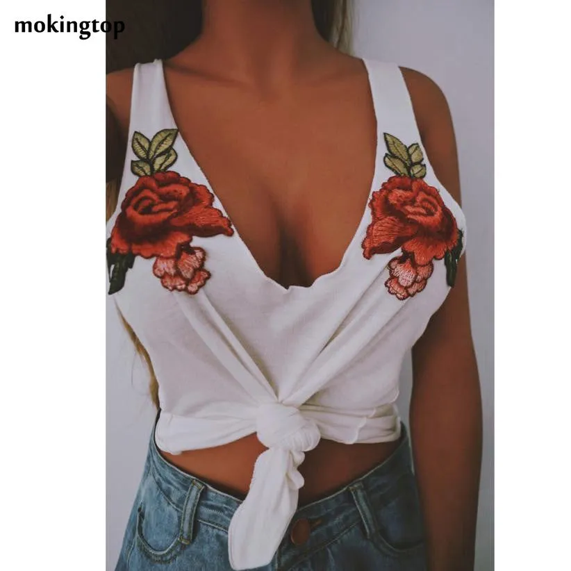 mokingtop Sleeveless Tank Top Sexy V-neck Vest 2017 Hot Appliques Embroidered Rose Sexy Lingerie Tubes Chalecos Mujer#99 SM6