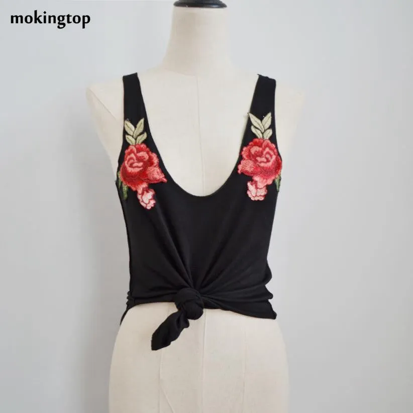 mokingtop Sleeveless Tank Top Sexy V-neck Vest 2017 Hot Appliques Embroidered Rose Sexy Lingerie Tubes Chalecos Mujer#99 SM6