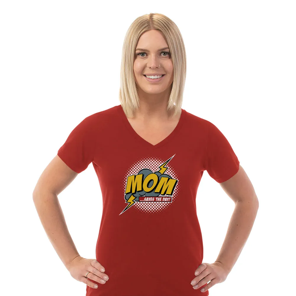 Mom Saves The Day Ladies Cotton V-Neck T-Shirt