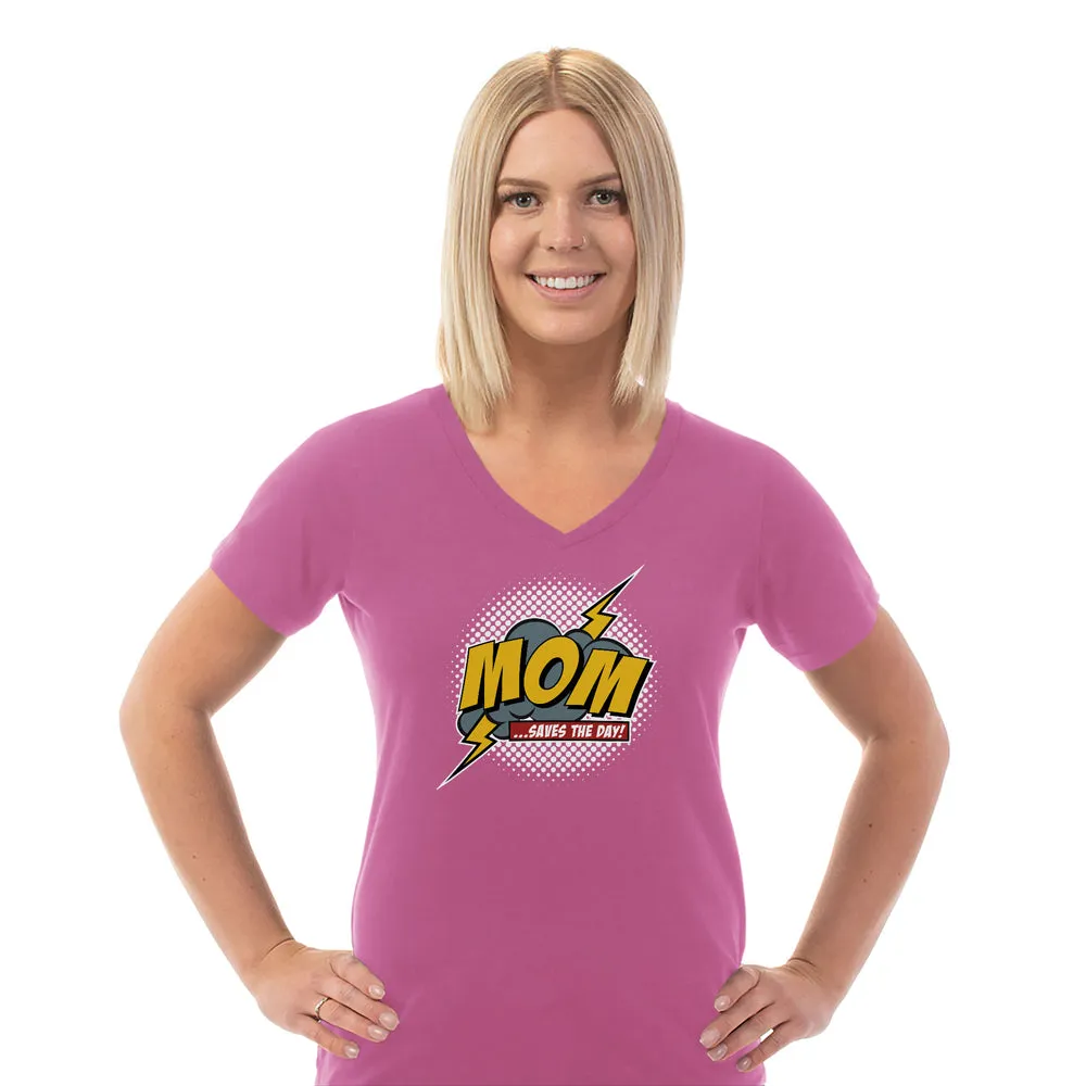 Mom Saves The Day Ladies Cotton V-Neck T-Shirt