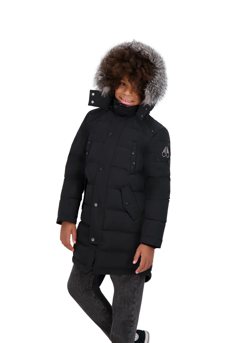 Moose Knuckles Kids Unisex Winter Jacket Parka in Black / Black Frost Fox Fur