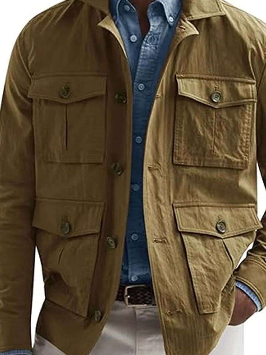 Multi-Pocket Lapel Single-Breasted Vintage Casual Jacket